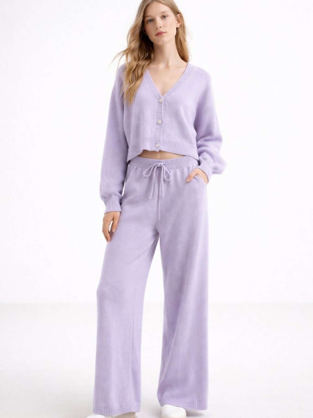 Lavender Knit Lounge Set Cropped Cardigan Wide Leg Pants Cozy Soft Set XS